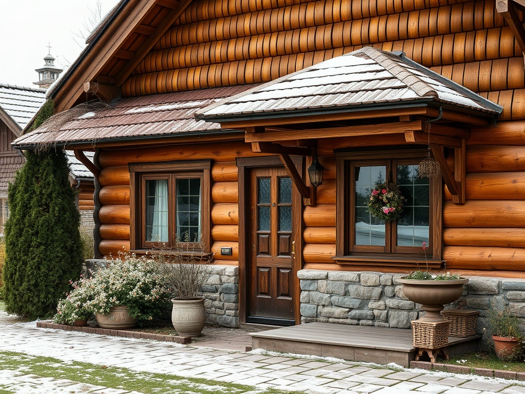 Деревянный дом с каменной отделкой, цветами у двери и крышей, покрытой снегом. Осенняя атмосфера.