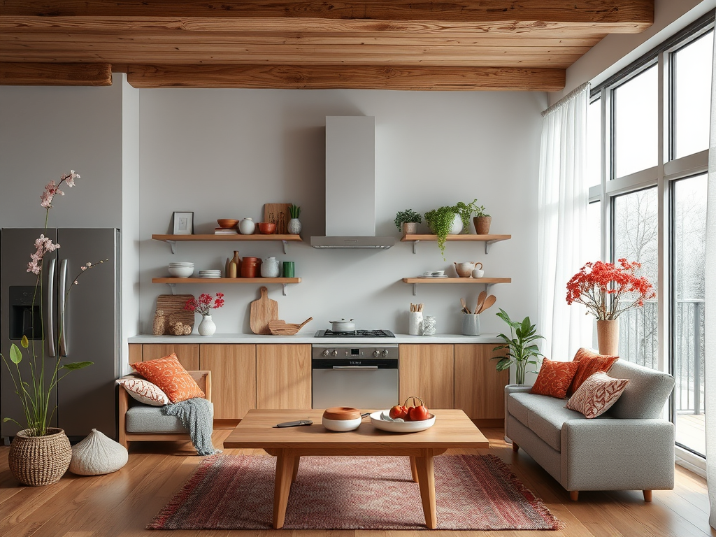 Современная кухня с деревянными полками, уютным диваном и яркими украшениями. Просторно и стильно.