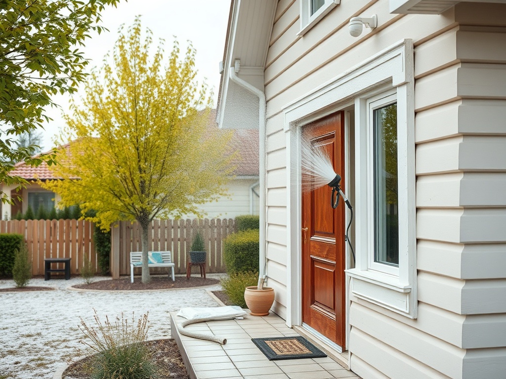 На изображении виден вход в дом с поливающим устройством, распыляющим воду на дверь и переднюю террасу.