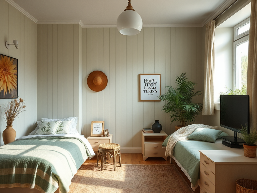 Современная спальня с двумя кроватями, растениями и уютным освещением. Теплые тона и стильный декор.