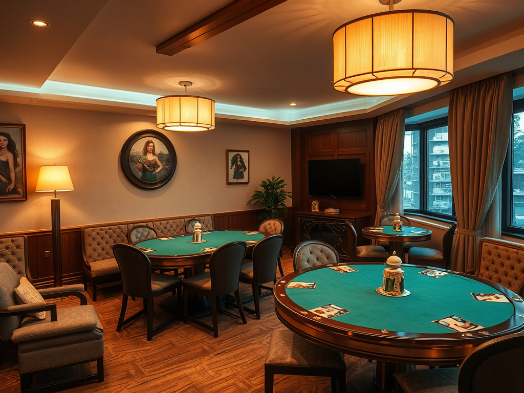 Уютная комната для игр с зелеными столами, лампами и картинами на стенах. Деревянные элементы интерьера.