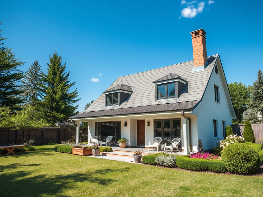 Современный коттедж с ухоженным садом, террасой и зелеными насаждениями на фоне ясного неба.