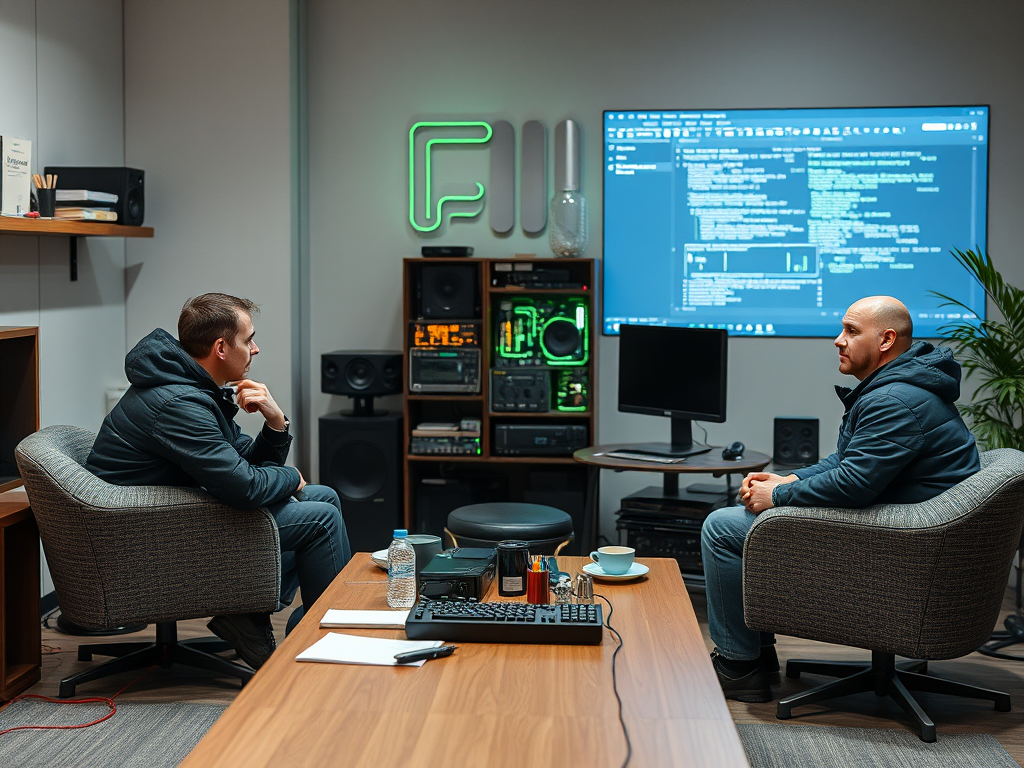 Два человека в офисе обсуждают проект, рядом с экранами и аудиооборудованием. Атмосфера деловая.