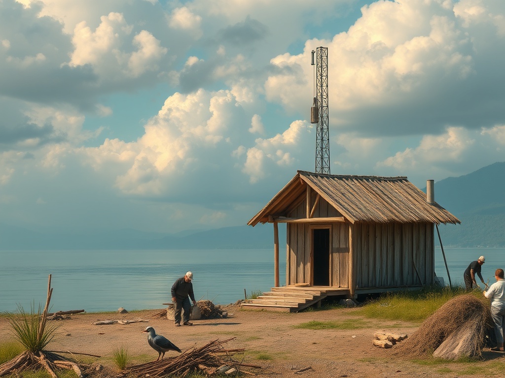 На берегу озера стоит деревянная хижина, а рядом люди занимаются сбором дров. Небо затянуто облаками.