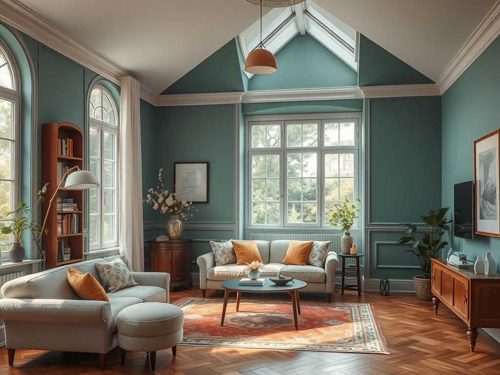 Светлая гостиная с большими окнами, уютной мебелью и зелеными растениями. Теплая атмосфера и стильный декор.