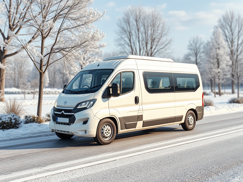Белый фургон на зимней дороге, окружённый соснами и заснеженной местностью. Солнечный зимний день.