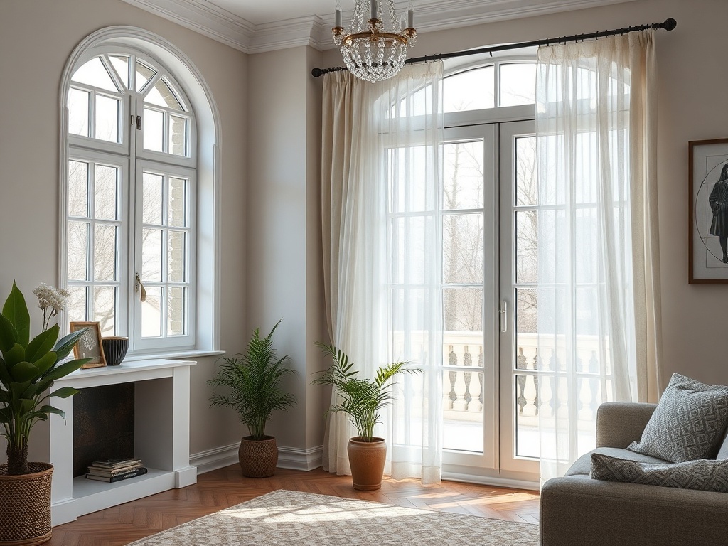 Светлая комната с большими окнами, растениями и уютной мебелью. Солнечный свет проникает сквозь шторы.