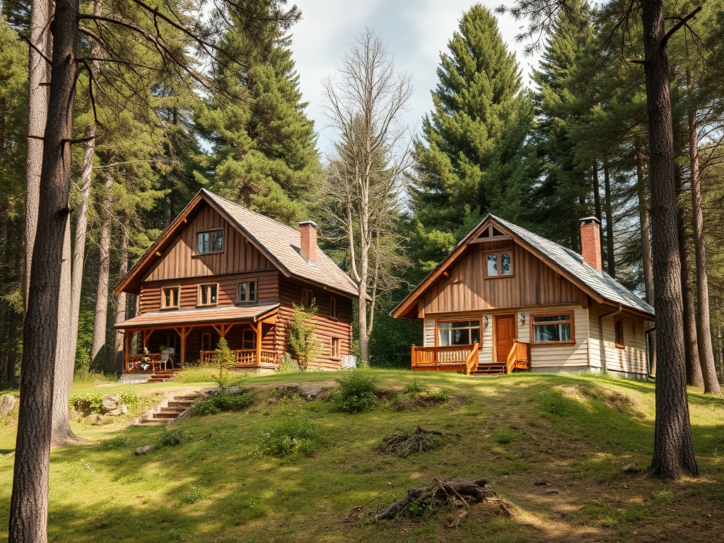Два уютных дома в лесу с зелеными деревьями, окруженными травой и камнями. Спокойная и естественная обстановка.