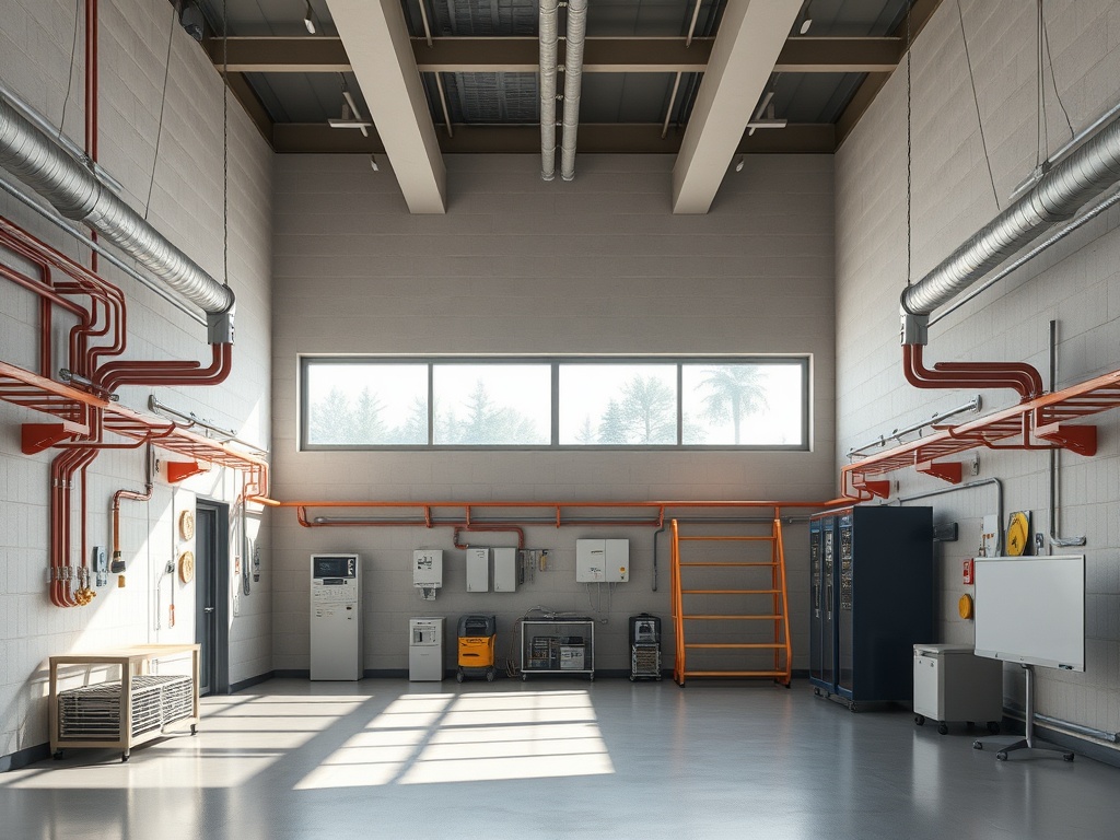 Современное рабочее пространство с техникой, трубами и большими окнами. Просторное и хорошо освещенное помещение.