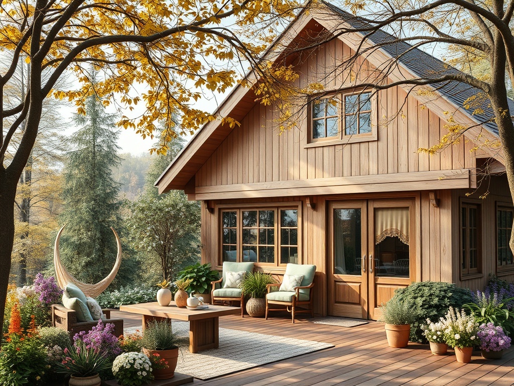 Деревянный дом с уютной террасой, окруженный зеленью и цветами, на фоне осенних деревьев.