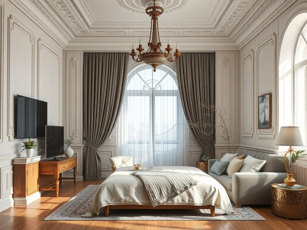 Современная спальня с деревянным полом, большими окнами и элегантной мебелью. Обстановка светлая и уютная.