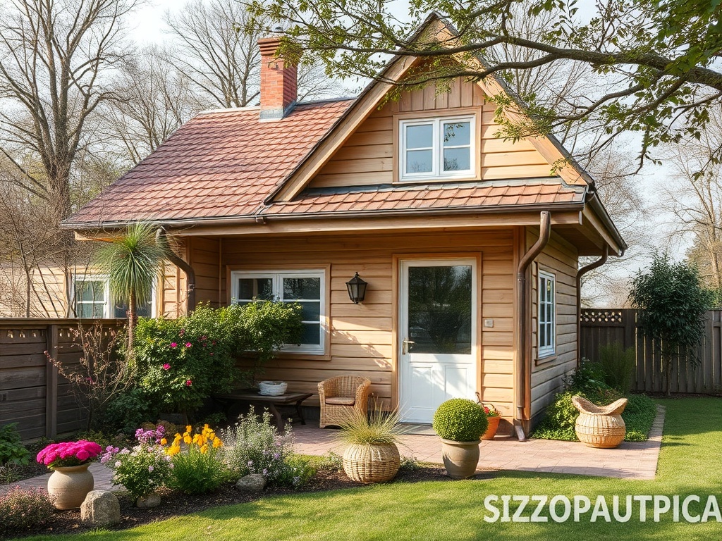 Деревянный дом с уютным садом, цветами и верандой, окружённый деревьями и зеленью.