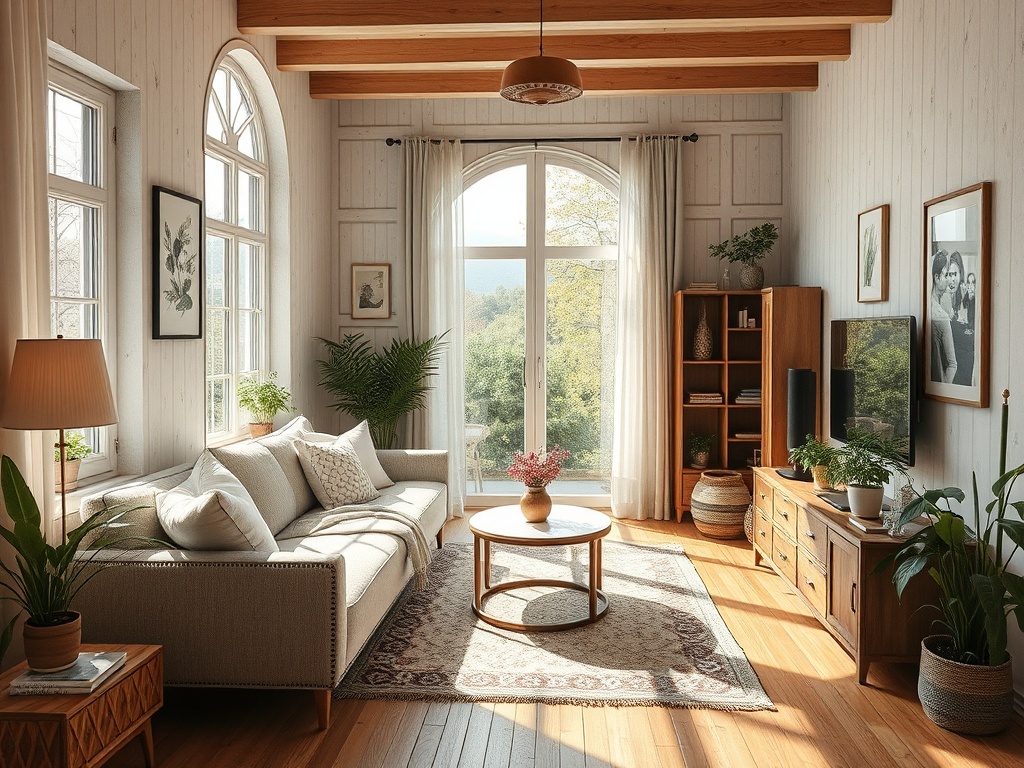 Светлая гостиная с большими окнами, уютным диваном, растениями и деревянной мебелью. Спокойная атмосфера.