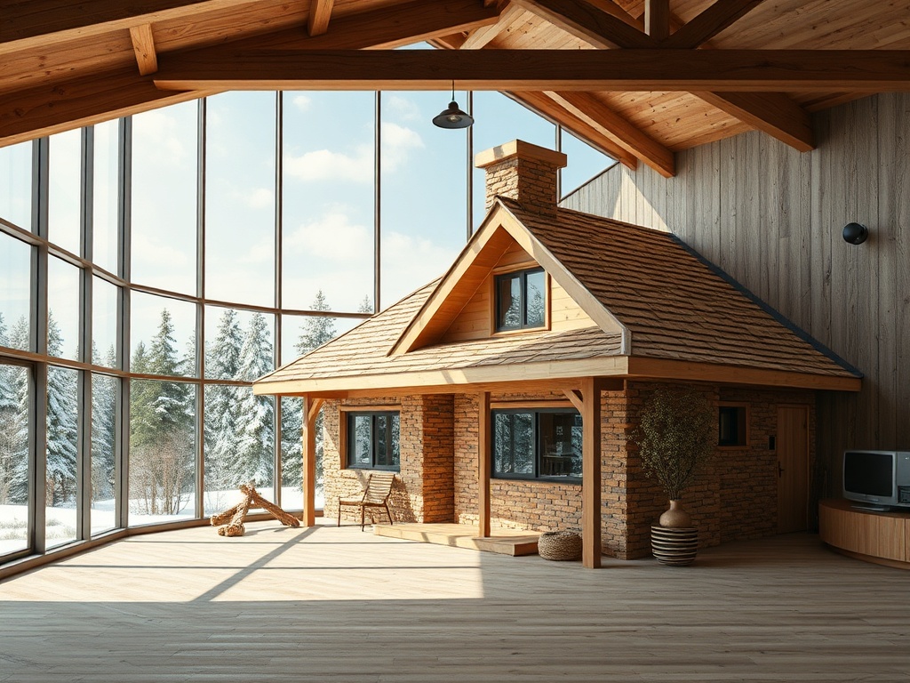 Современный дом с большими окнами, уютно расположенный среди снежного пейзажа и деревянных деталей интерьера.