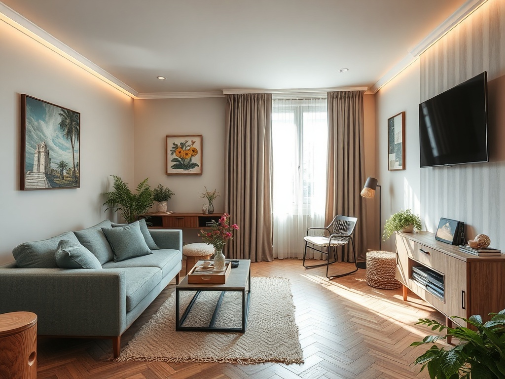 Современная гостиная с диваном, телевизором и растениями, оформленная в светлых тонах и уютным светом.