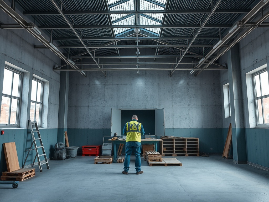 Промышленное пространство с рабочим, ящиками и большими окнами. Освещение естественное, атмосфера спокойная.