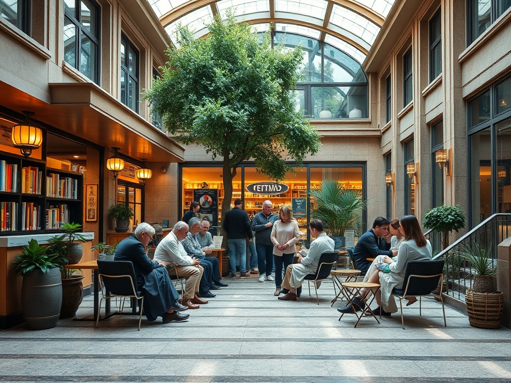 Современное пространство с магазинами и кафе, люди отдыхают и общаются между собой под огромным стеклянным куполом.