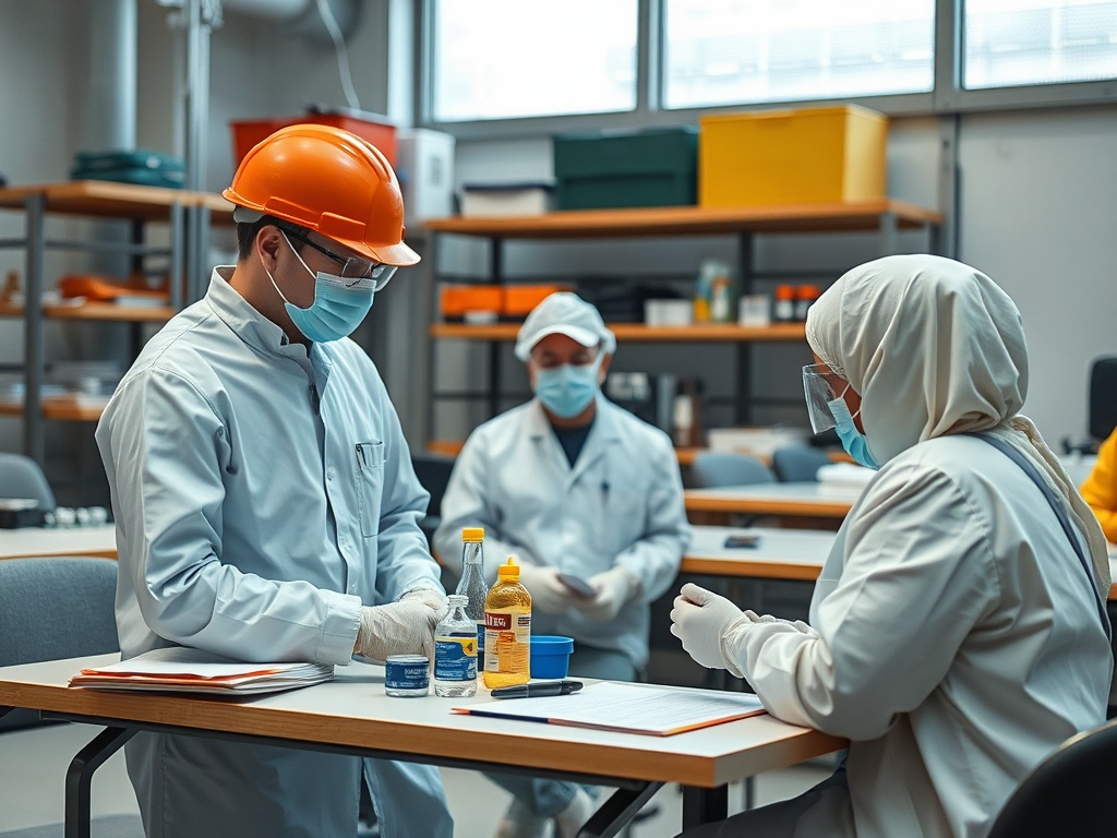Работники в защитной одежде и масках обсуждают материалы в лаборатории. Стол накрыт документами и оборудованием.