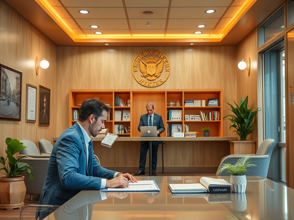 Два мужчины в офисе: один сидит за столом и читает, другой работает за ноутбуком на фоне книжных полок.