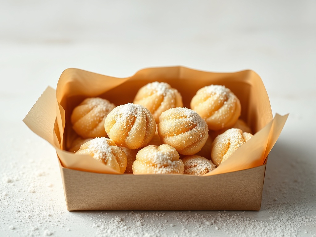 Коробка с восемью сладкими булочками, посыпанными сахаром, на светлом фоне.