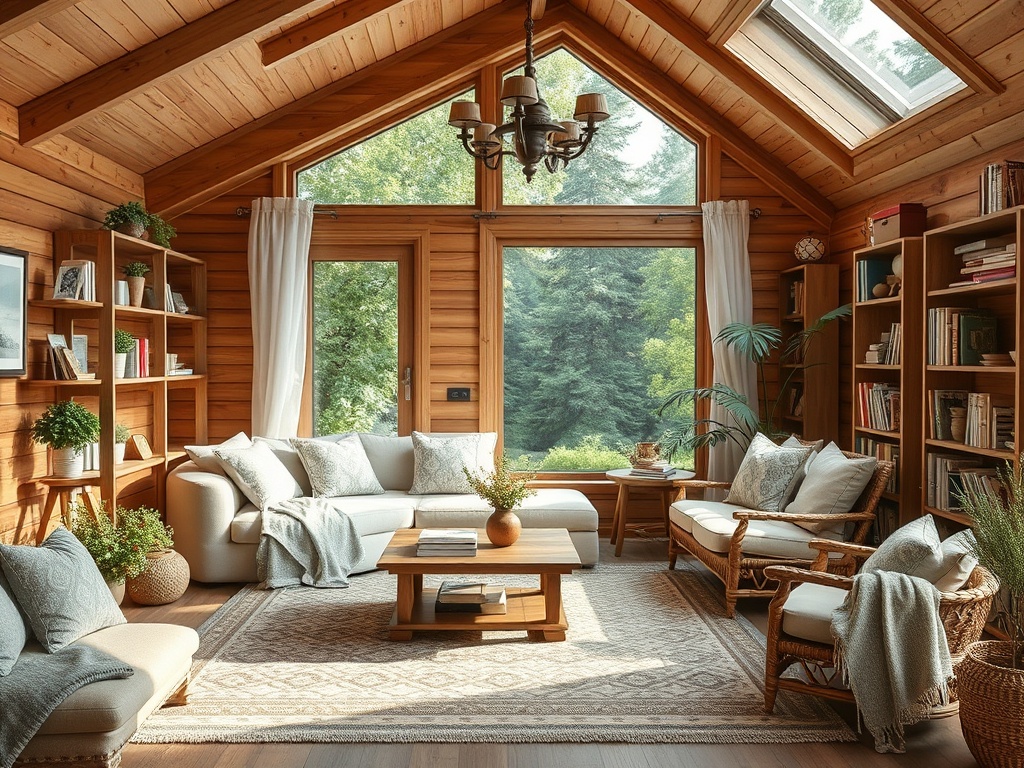 Светлая гостиная с деревянными стенами, большими окнами и уютной мебелью, окруженная зеленью.