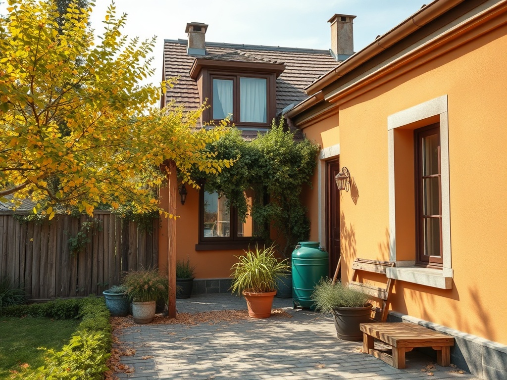 Зеленый уголок во дворе с оранжевым домом, уютными скамейками и цветами на фоне осенних деревьев.