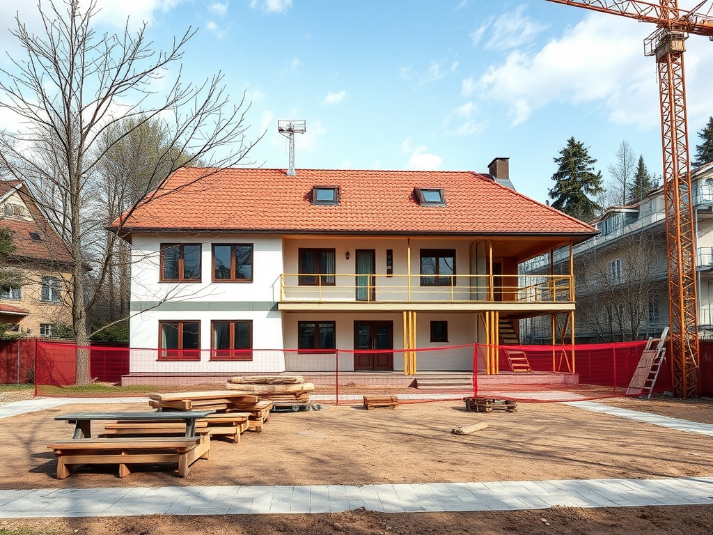 Строящийся дом с красной крышей и верандам, окружённый строительным забором и площадкой для работы.