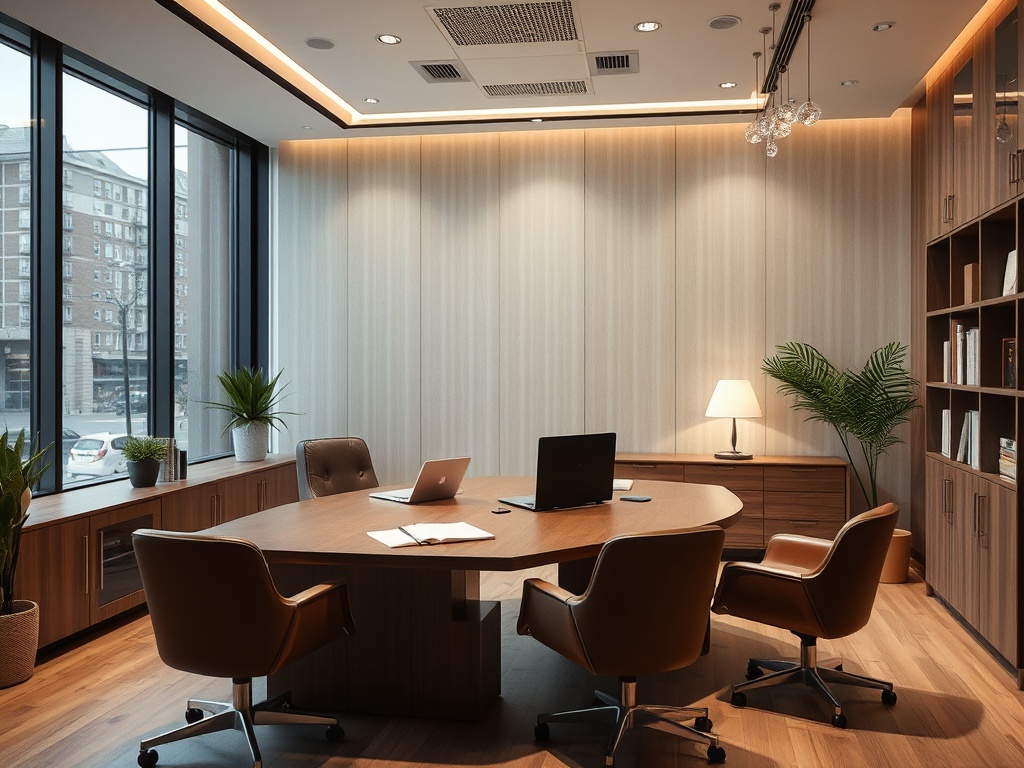Современный офис с круглым столом, креслами, большим окном и зелеными растениями. Светлая, теплая атмосфера.