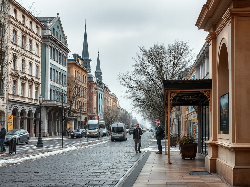 На улице два человека, старинные здания и облачное небо. Улицы пустынные, зима. Тихая атмосфера города.
