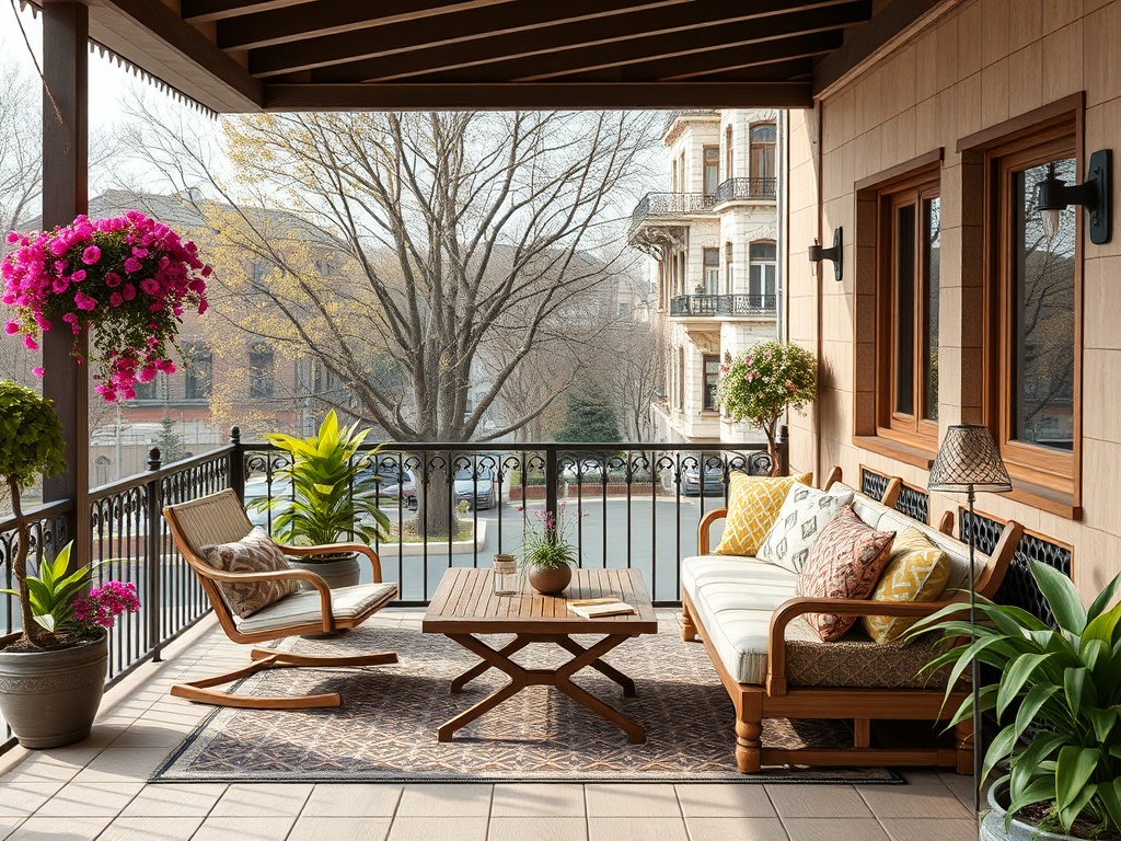 Уютная терраса с мебелью, зелеными растениями и цветами. Вид на улицу в солнечный день.