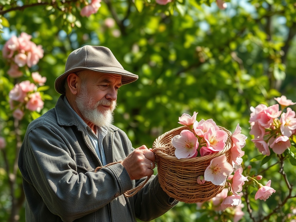 Старший мужчина в шляпе собирает цветы в плетеную корзину на фоне цветущего дерева.