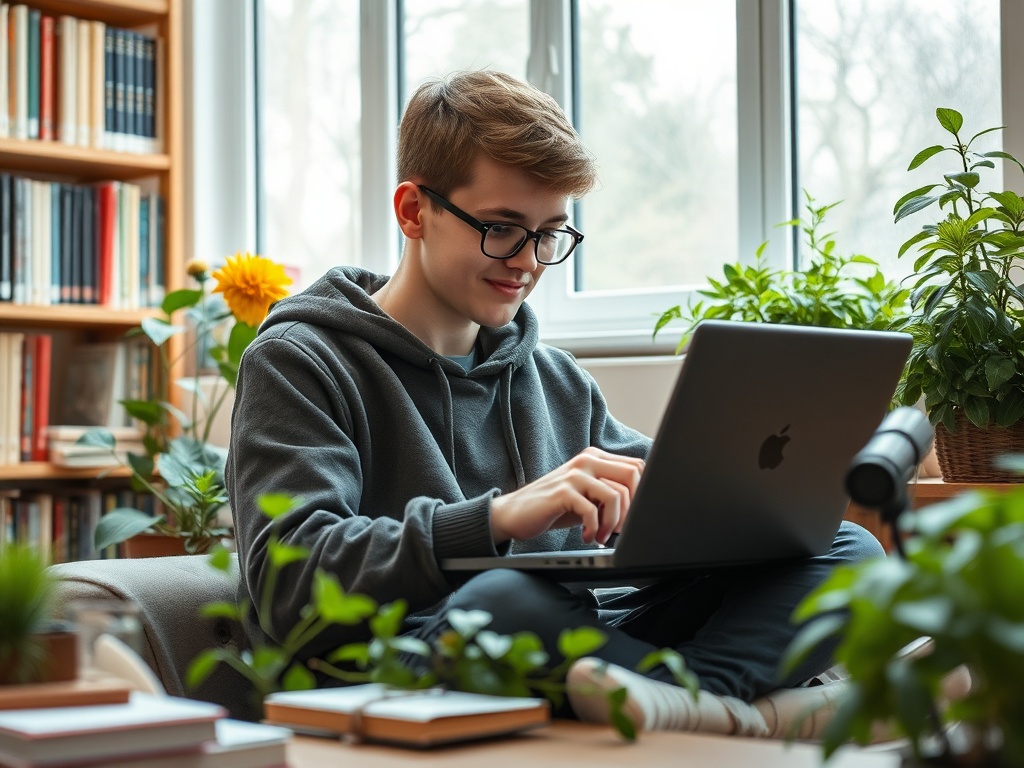 Молодой человек сидит на диване, работает на ноутбуке среди растений и книг в светлом помещении.