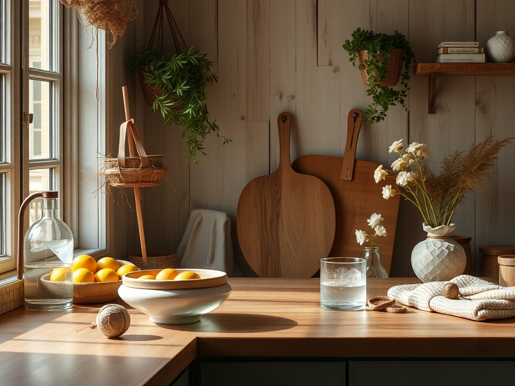Уютная кухня с деревянными принадлежностями, фруктами и цветами на столе под мягким светом.