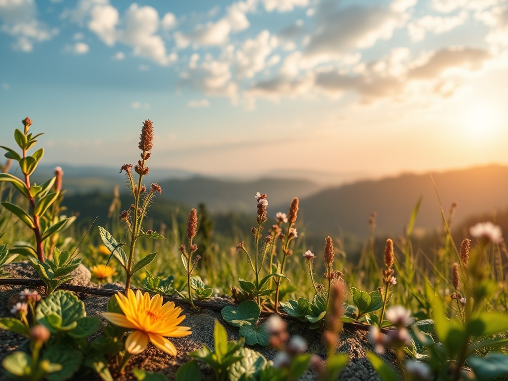 Поле с цветами на фоне гор и заката, окруженное зеленью и облаками. Спокойная, природная атмосфера.