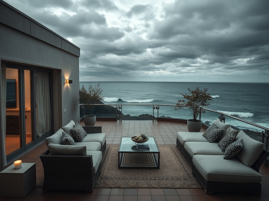 Современная терраса с видом на океан, уютная мебель и облачное небо создают атмосферу спокойствия.
