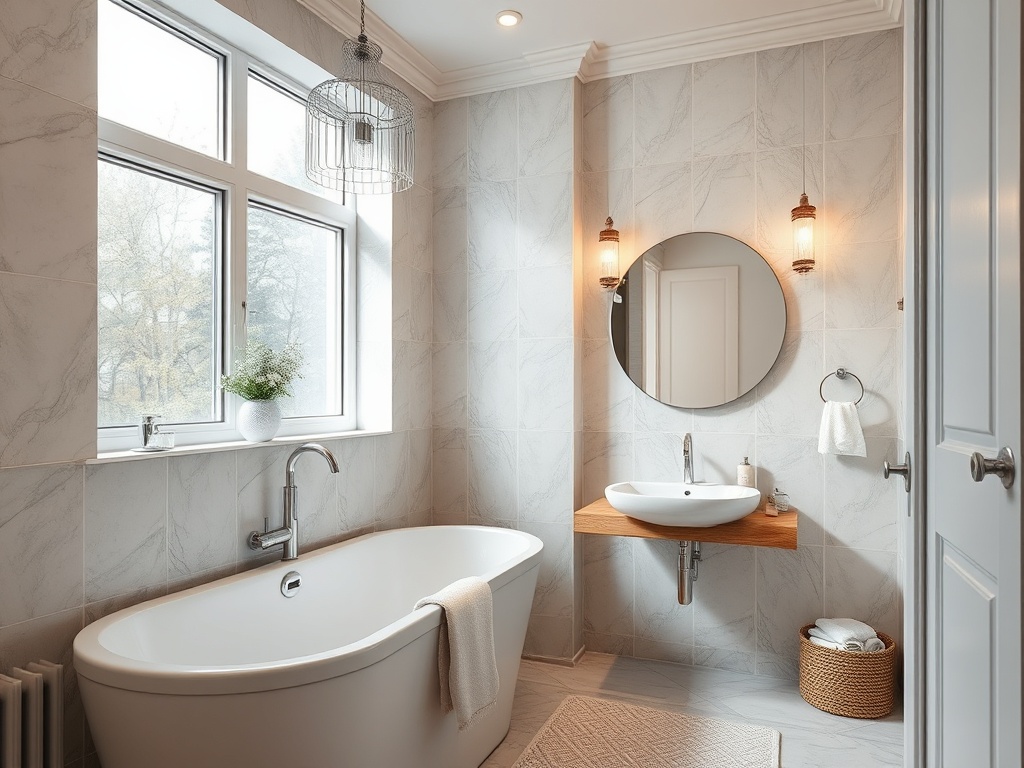 Современная ванная комната с ванной, раковиной на деревяной полке и большими окнами. Яркое освещение.