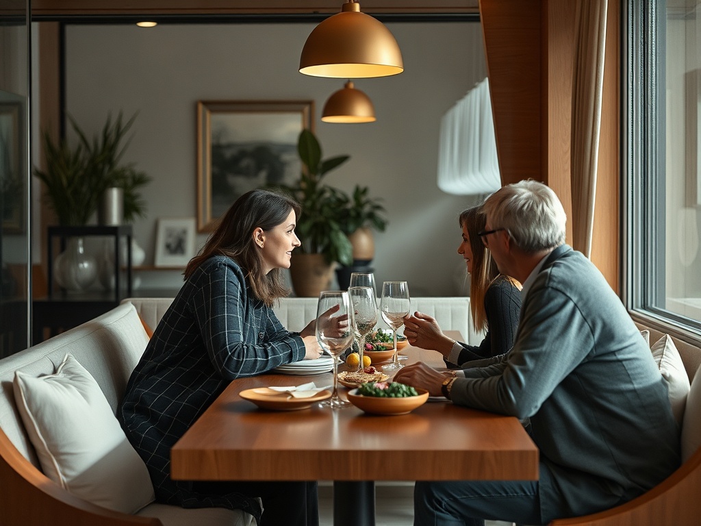 Трое людей сидят за столом в ресторане, обсуждая что-то и наслаждаясь едой и напитками.
