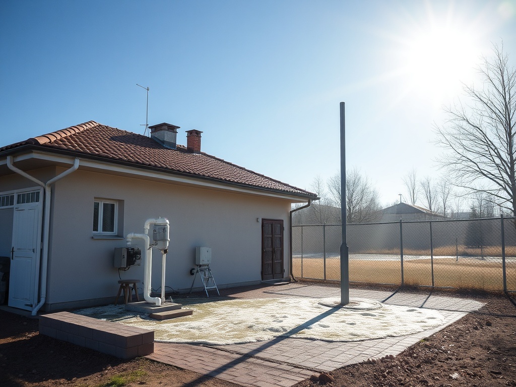 На изображении дом с красной крышей и верандой, рядом двери и столб для сетей, солнечный день.