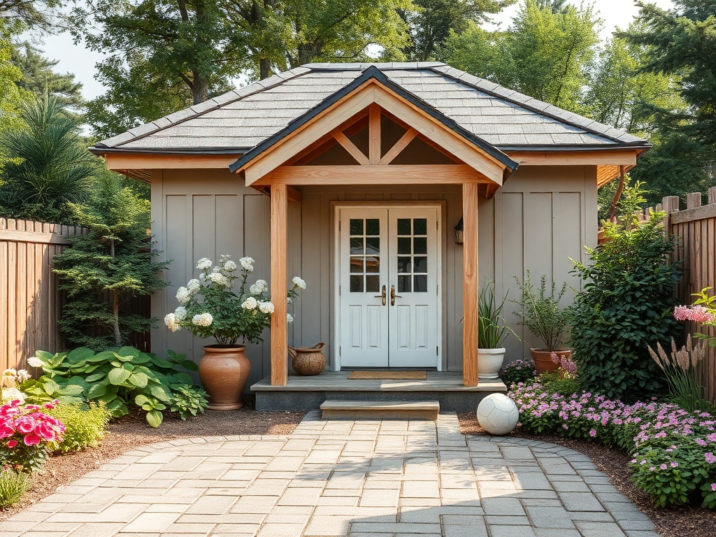 Уютный дом с красивым входом, окружённый цветами и зеленью. Тихий уголок в саду.