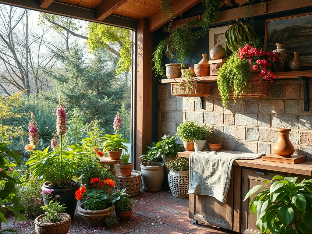 Светлое место с растениями в горшках, деревянной мебелью и солнечным светом, окружающее уютный уголок.