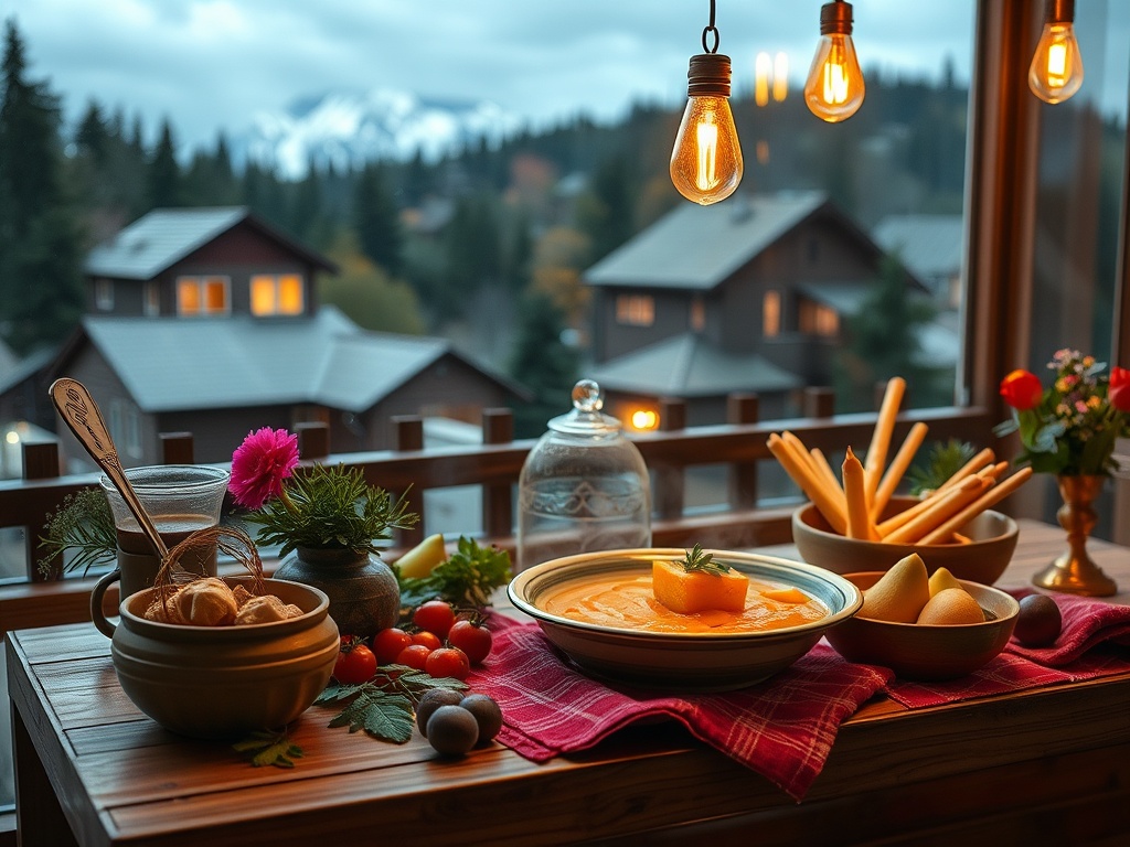 На столе с оранжевой скатертью блюда, свежие овощи и цветы, за окном виднеются горы и домики.