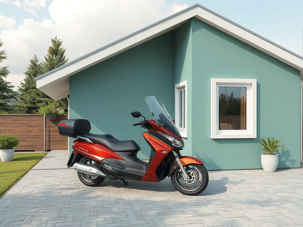 Скутер оранжевого цвета стоит возле современного дома с зелеными стенами и окном.
