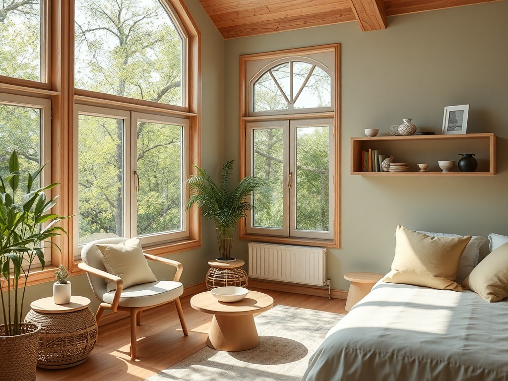 Светлое и уютное помещение с большими окнами и зелеными растениями, созданное для отдыха и релаксации.