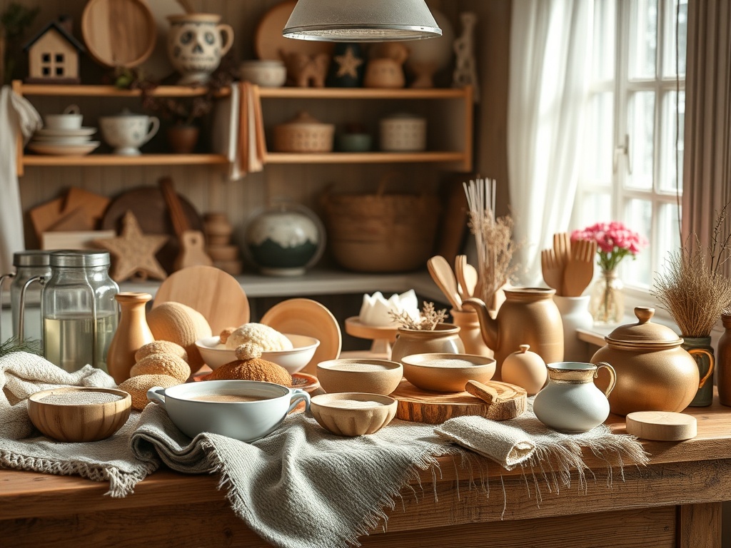 На столе разместилась посуда из дерева и керамики, среди нее хлеб и сервировочные принадлежности.