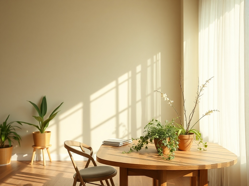 Светлое пространство с деревянным столом, растениями и нежными тенями от оконных штор.