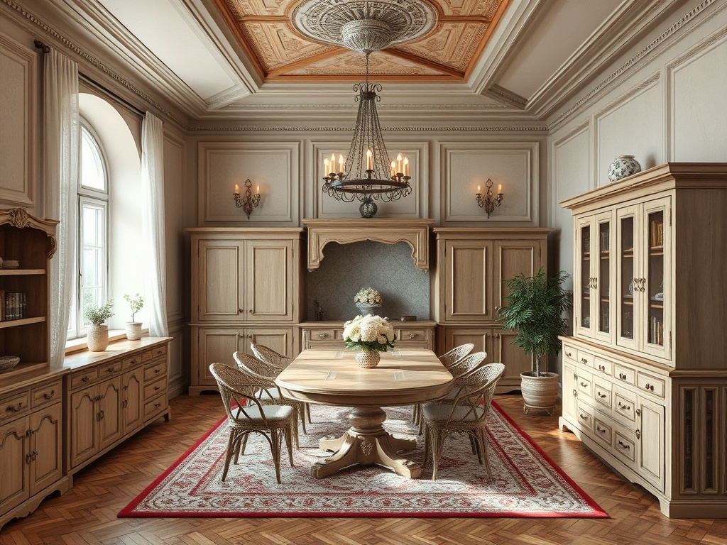 Элегантная столовая с деревянной мебелью, большим столом и цветами в вазе на фоне изысканных стен.