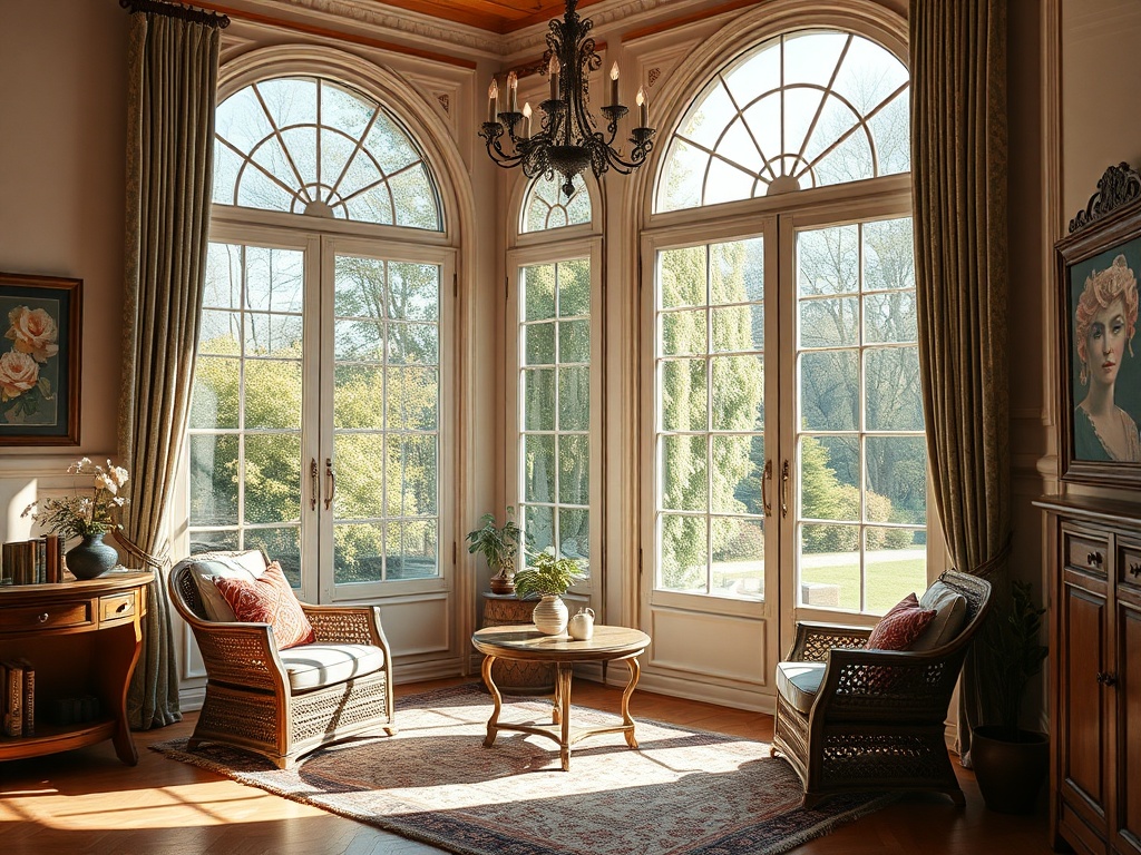 Светлая комната с большими окнами, уютной мебелью и красивым ковром. Близко к природе с видом на сад.