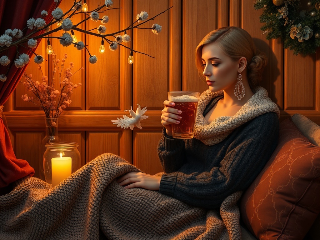 Женщина в уютном свитере с напитком, сидит в теплой обстановке с романтическим освещением.