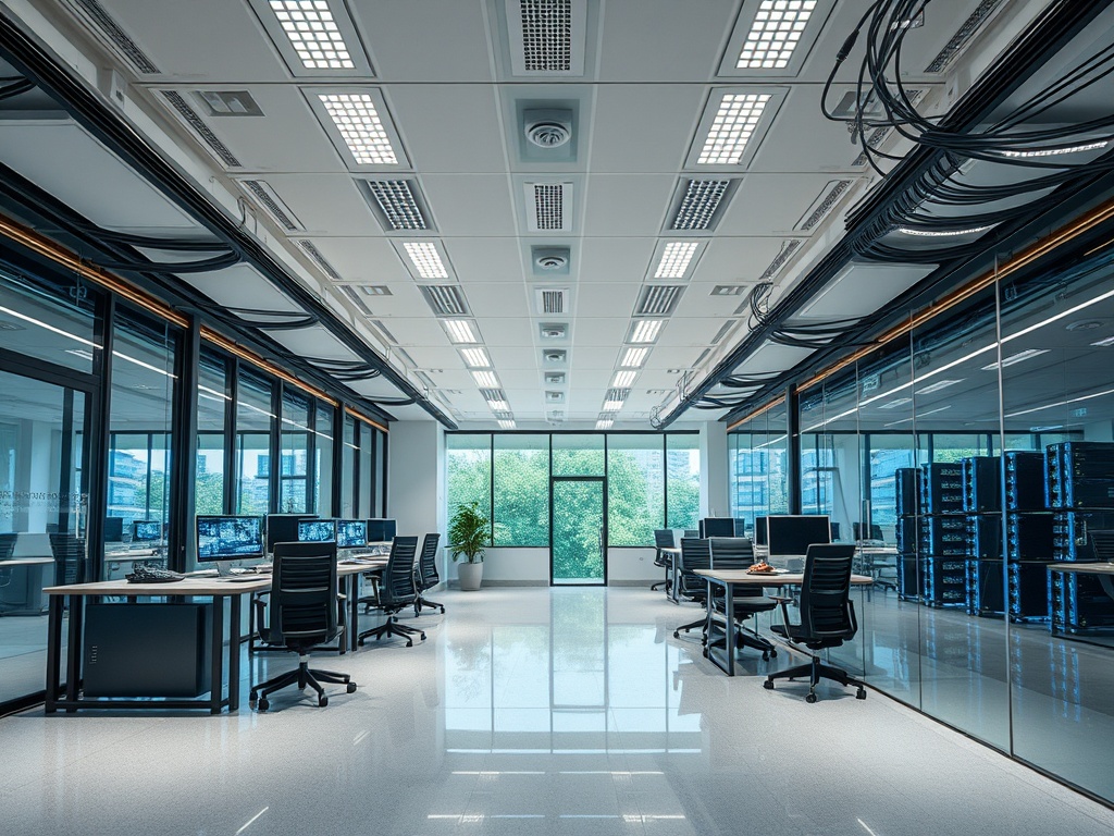 Современный офис с компьютерами, стеклянными стенами и зелеными растениями, много естественного света.