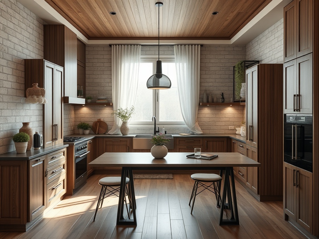 Современная кухня с деревянными шкафами, столом и двумя стульями, оформленная в теплых тонах.